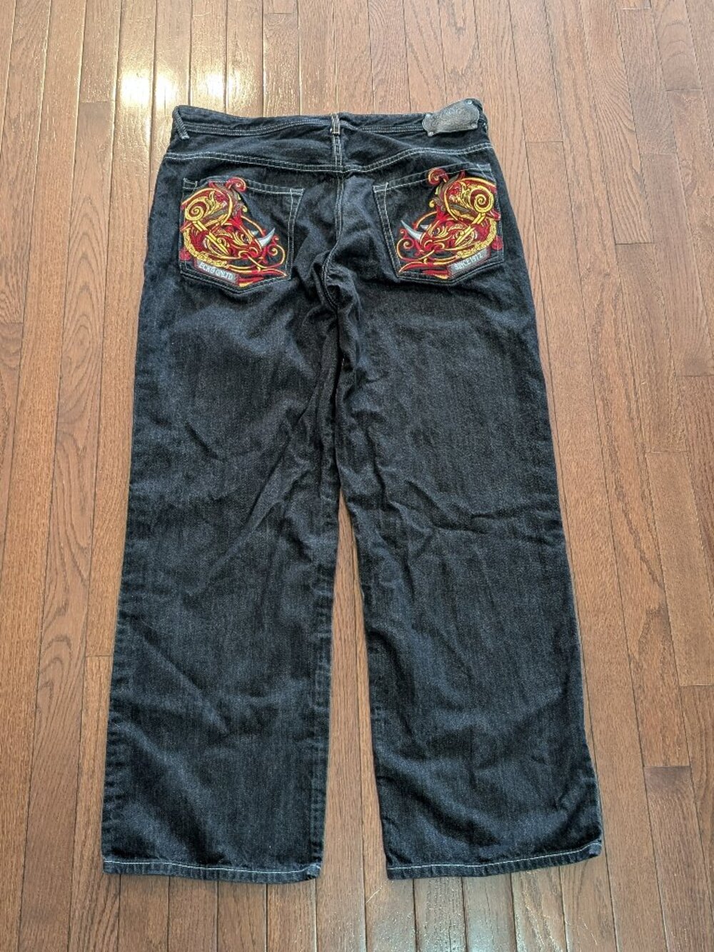 Y2K Embroidered Rhino Baggy ECKO Black Denim Jeans - Size 37x32